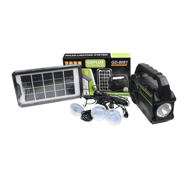 Kit Solar GD-8081 cu Lanternă, Radio, MP3 Player, USB și 3 Becuri LED