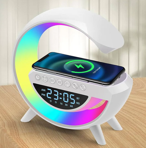 Boxa Multifunctionala 3 in 1, Lampa LED RGB Smart, cu ceas, Boxa Bluetooth, Incarcator Telefon Wireless, Lumina RGB, Alb