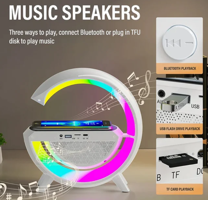 Boxa Multifunctionala 3 in 1, Lampa LED RGB Smart, cu ceas, Boxa Bluetooth, Incarcator Telefon Wireless, Lumina RGB, Alb