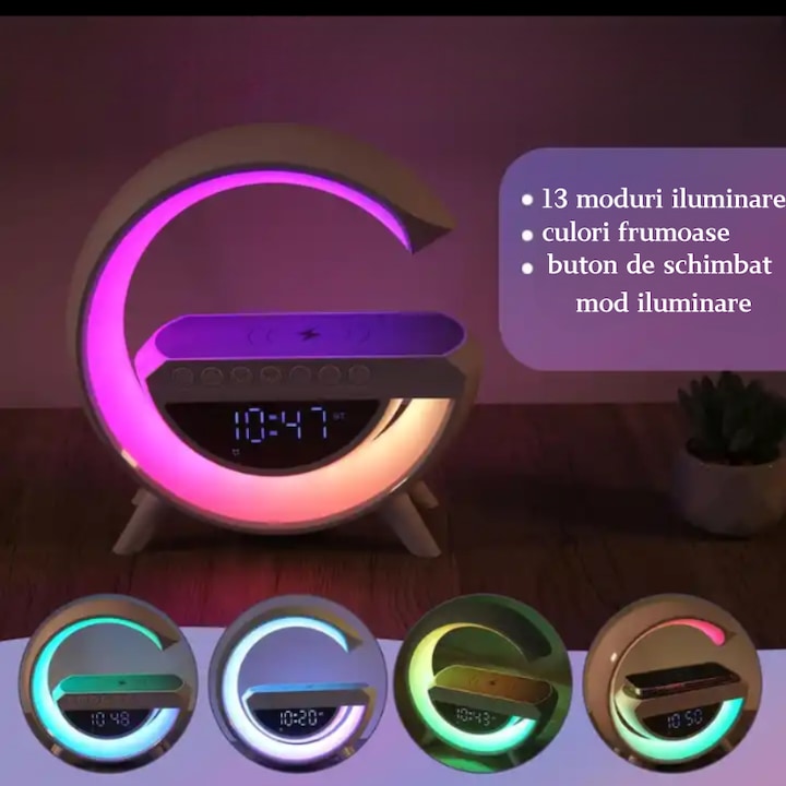 Boxa Multifunctionala 3 in 1, Lampa LED RGB Smart, cu ceas, Boxa Bluetooth, Incarcator Telefon Wireless, Lumina RGB, Alb