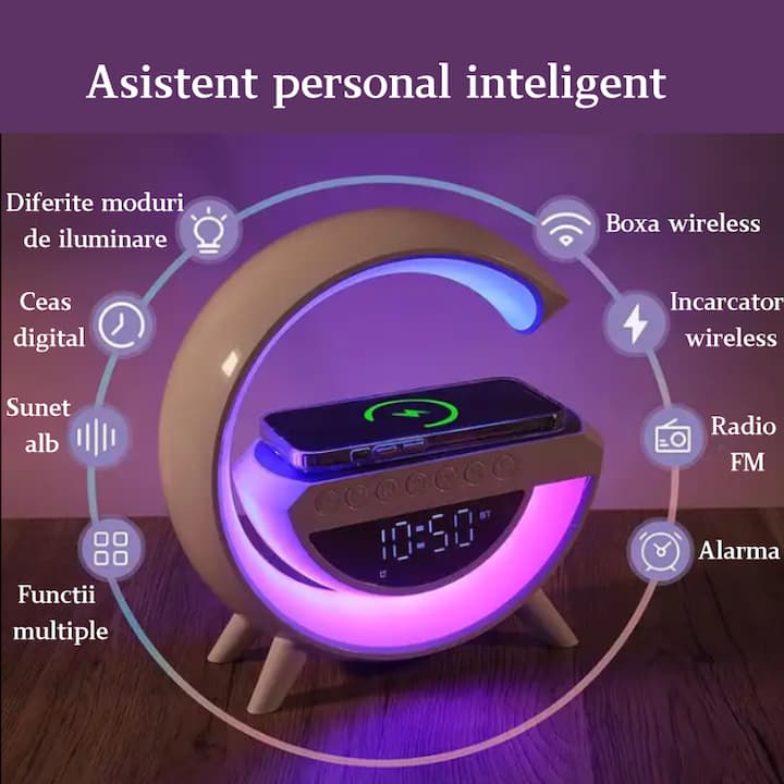 Boxa Multifunctionala 3 in 1, Lampa LED RGB Smart, cu ceas, Boxa Bluetooth, Incarcator Telefon Wireless, Lumina RGB, Alb
