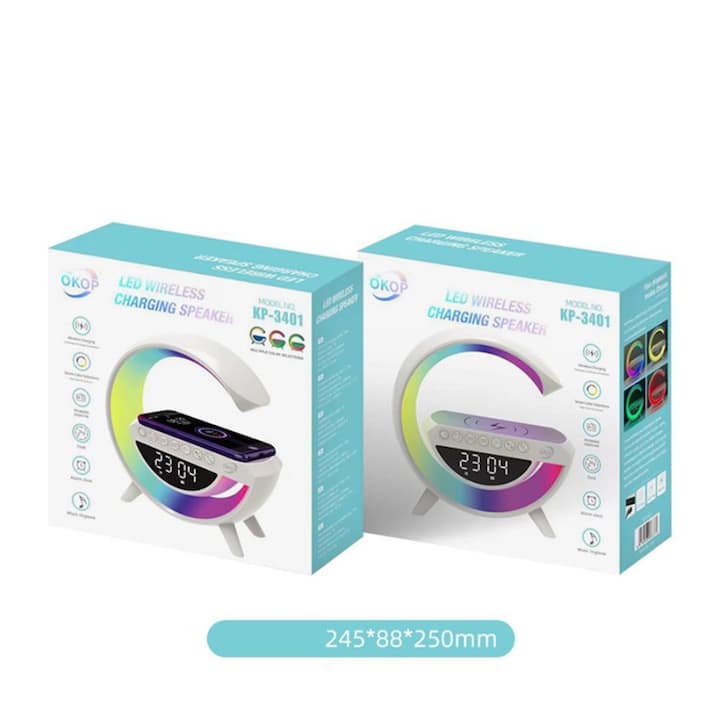 Boxa Multifunctionala 3 in 1, Lampa LED RGB Smart, cu ceas, Boxa Bluetooth, Incarcator Telefon Wireless, Lumina RGB, Alb